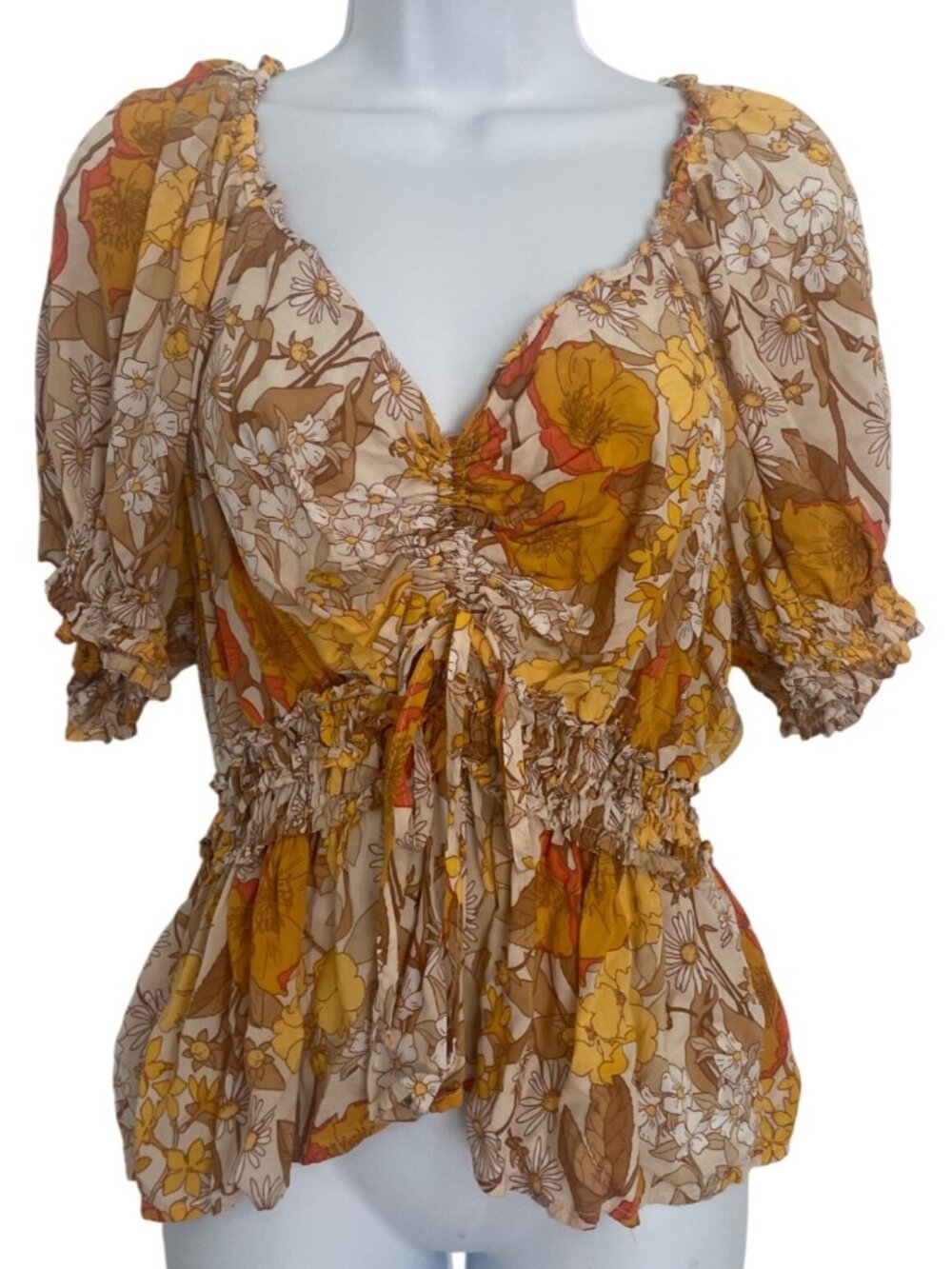 Womens Floral Peasant Blouse Smocked Waist Puff Sleeves Sz 18/20W Prairie Coquet